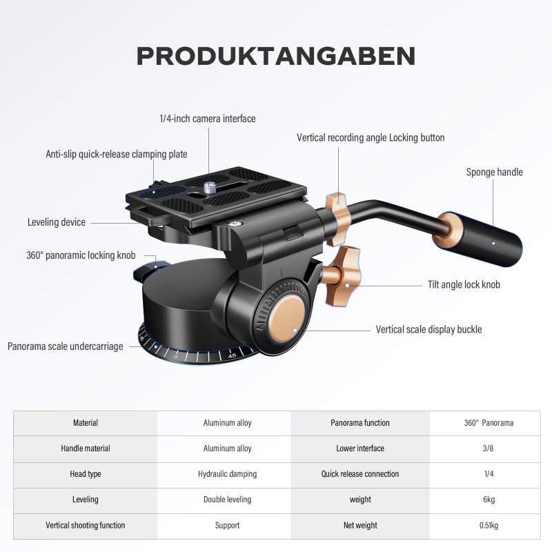 Soonpho Q-08S Heavy Duty Video Camera Tripod Fluid Drag Pan Head with Extended Handle for DSLR Camera,Camcorders,1/4 & 3/8 inch Screw Sliding Plate 360 Degree Rotating Tripod Head - Image 5